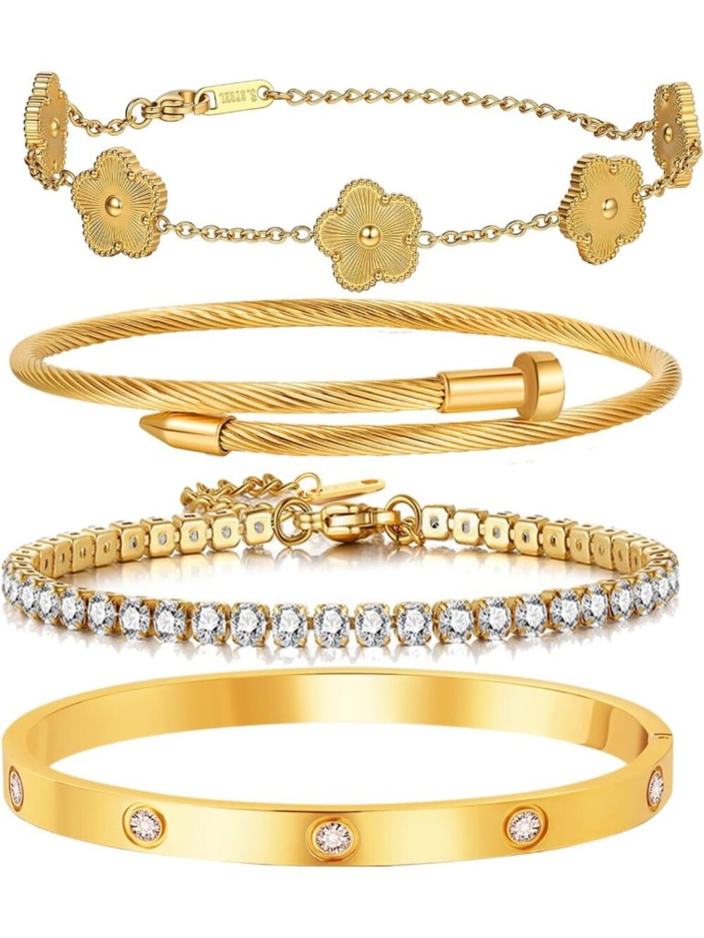 18K Gold Plated Stackable Love Bangles Set - 3 Pcs Cubic Zirconia & Chain